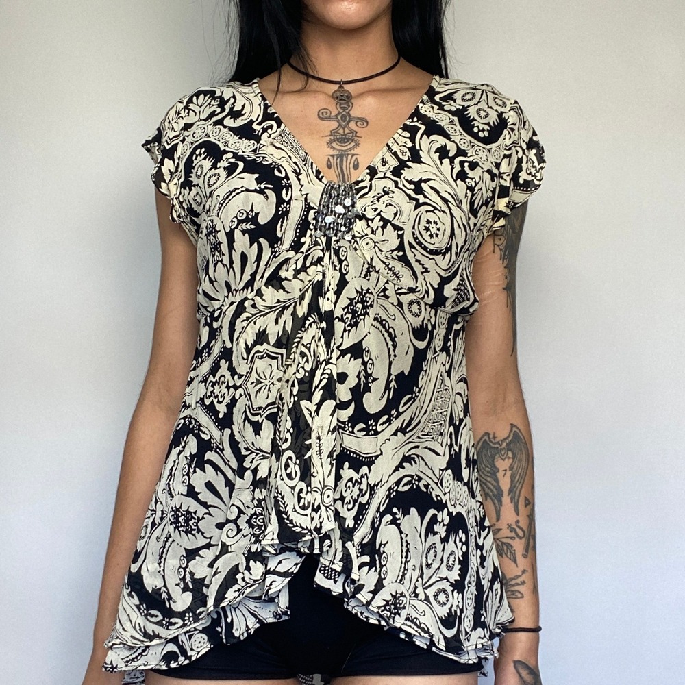 Fairycore Boho Damask Print Top Black Cream Sequin Flutter Sleeve Asymmetric Lg